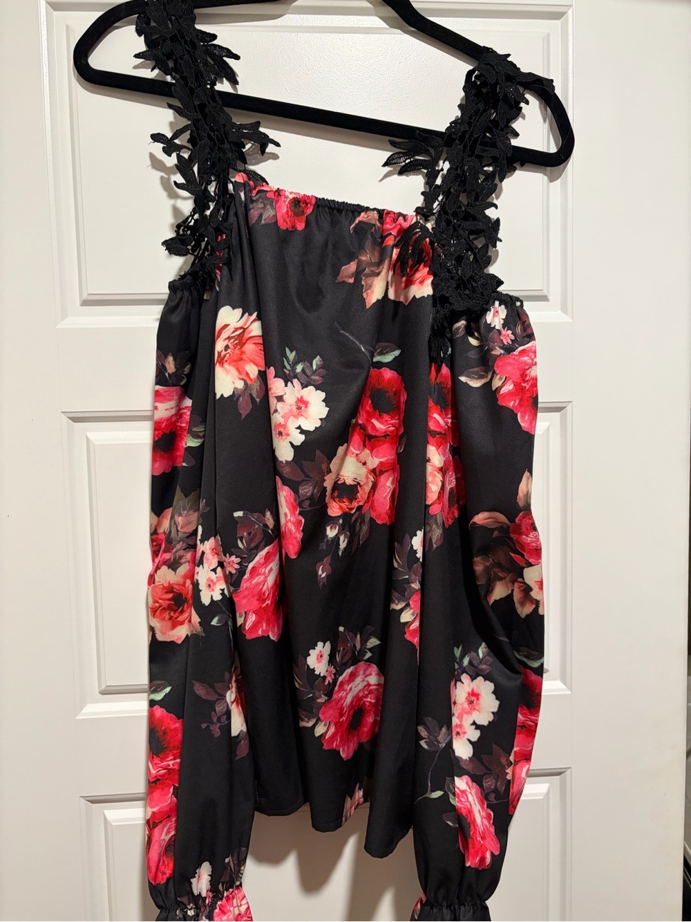 Black Floral Sleeveless Top with Lace Straps